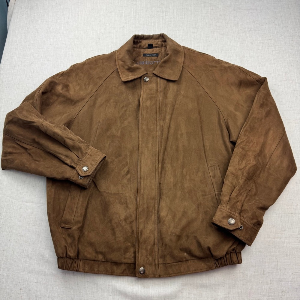 VTG Claiborne Mens Microsuede Finish Bomber Jacket Brown Full Zip Lined Sz L EUC